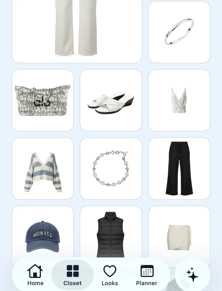 Layers on iPhone showing a catalogued closet of real garments — jeans, a knit sweater, shoes, bags and caps — laid out in a grid above the app's home, closet, looks and planner tabs.