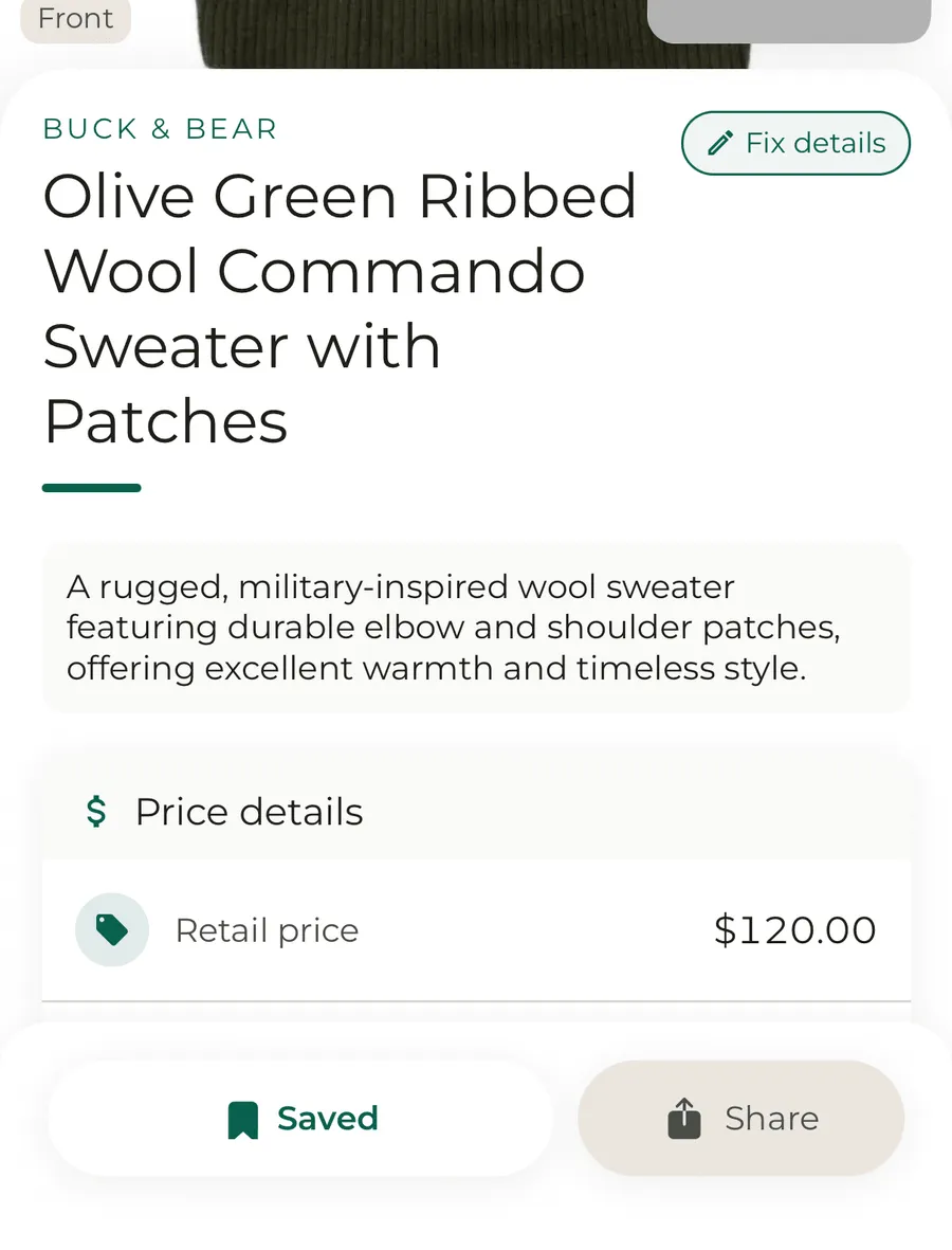 ThriftWise on iPhone showing a thrifted olive-green ribbed wool commando sweater identified by brand and name, an automatically written description of its materials, and a $120 retail price estimate.